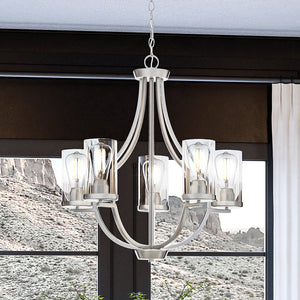 An urban ambiance lighting fixture in a living room with a beautiful view of a large window.