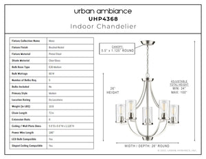 A diagram showcasing the dimensions of a luxurious Contemporary Chandelier from Urban Ambiance's Mesa Collection.