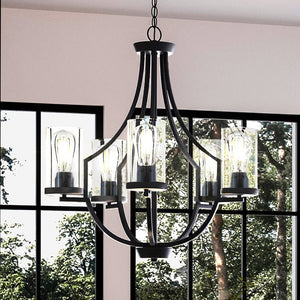 A beautiful UHP4369 Contemporary Chandelier 26''H x 26''W, Midnight Black Finish, Mesa Collection luxury lamp hanging in a room with large windows by Urban Ambiance
