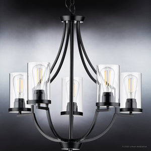 A luxurious Urban Ambiance UHP4369 Contemporary Chandelier featuring a beautiful Midnight Black Finish, Mesa Collection with clear glass bulbs.