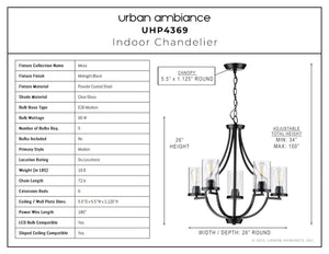 A diagram showing the dimensions of the unique Urban Ambiance UHP4369 Contemporary Chandelier from the beautiful Mesa Collection.