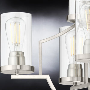 A luxury lighting fixture with a unique metal frame in brushed nickel finish from the Mesa Collection by Urban Ambiance, featuring four glass bulbs.