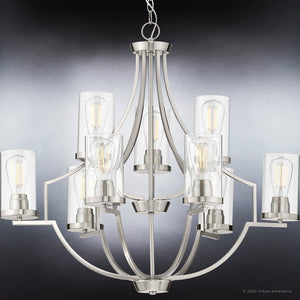 An Urban Ambiance UHP4370 Contemporary Chandelier 29''H x 32''W, Brushed Nickel Finish, Mesa Collection with unique clear glass bulbs.