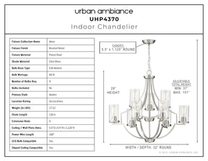 A unique diagram displaying the dimensions of an Urban Ambiance UHP4370 Contemporary Chandelier 29''H x 32''W, Brushed Nickel Finish, Mesa Collection.