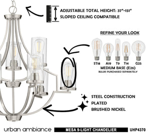 A diagram showing how to assemble the luxury Urban Ambiance UHP4370 Contemporary Chandelier 29''H x 32''W, Brushed Nickel Finish, Mesa Collection.