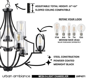 A beautiful image of a UHP4371 Contemporary Chandelier 29''H x 32''W, Midnight Black Finish, Mesa Collection lighting fixture with instructions on how to assemble it.