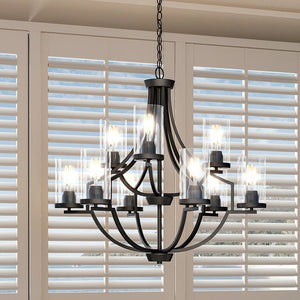 A unique UHP4371 Contemporary Chandelier hanging in a room with shutters.