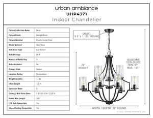 A beautiful diagram showcasing the unique dimensions of an UHP4371 Contemporary Chandelier 29''H x 32''W, Midnight Black Finish, Mesa Collection by Urban Ambiance.