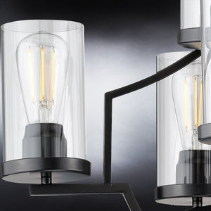 A Beautiful UHP4371 Contemporary Chandelier 29''H x 32''W, Midnight Black Finish, Mesa Collection by Urban Ambiance with four glass bulbs and a black frame.