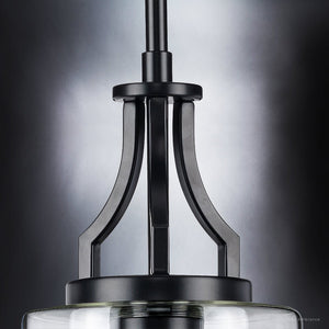 A Beautiful Urban Ambiance UHP4373 Contemporary Pendant 12.5''H x 6.375''W, Midnight Black Finish, Mesa Collection pendant light with a glass shade.