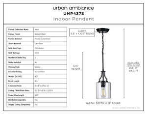 A diagram showing the dimensions of a gorgeous Urban Ambiance Midnight Black Finish indoor pendant light.