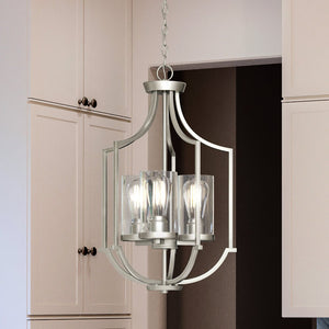 A unique and luxury lighting fixture: The Urban Ambiance UHP4374 Contemporary Chandelier with brushed nickel finish hangs in a kitchen with white cabinets.