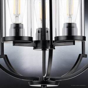 An Urban Ambiance UHP4375 Contemporary Chandelier, a unique lighting fixture with a Midnight Black Finish from the Mesa Collection, featuring three light bulbs.