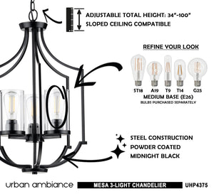 A unique lighting fixture, the UHP4375 Contemporary Chandelier 26''H x 16.625''W from Urban Ambiance with the instructions for how to use it.