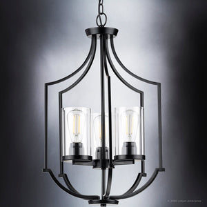 A unique lighting fixture, the UHP4375 Contemporary Chandelier from the Mesa Collection by Urban Ambiance features a Midnight Black Finish and three glass shades.