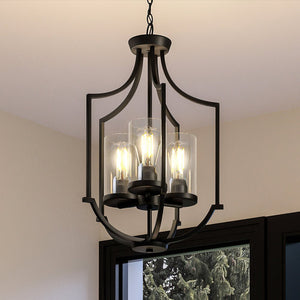 A beautiful UHP4375 Contemporary Chandelier 26''H x 16.625''W, Midnight Black Finish, Mesa Collection by Urban Ambiance hanging over a window in a living