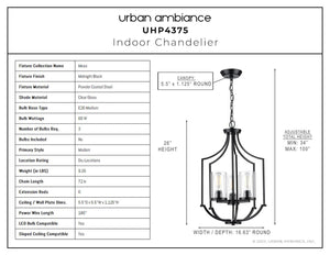 A diagram showcasing the dimensions of a gorgeous Urban Ambiance UHP4375 Contemporary Chandelier 26''H x 16.625''W, Midnight Black Finish, Mesa Collection lighting fixture