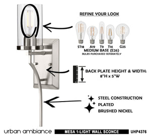A unique wall sconce in a gorgeous brushed nickel finish from the Mesa Collection, featuring dimensions of 19.25''H x 4.875''W, with accompanying usage instructions.