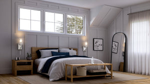 3D rendering of a beautiful bedroom with luxury wood floors and the unique Urban Ambiance UHP4376 Contemporary Wall Sconce.