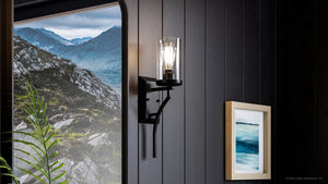 An Urban Ambiance UHP4377 Contemporary Wall Sconce, a unique lighting fixture with a view of gorgeous mountains.