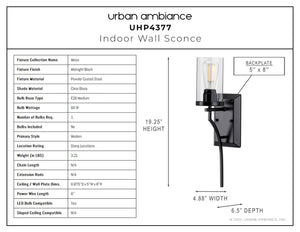 A unique lighting fixture displaying the dimensions of UHP4377 Contemporary Wall Sconce 19.25''H x 4.875''W, Midnight Black Finish, Mesa Collection by Urban Amb