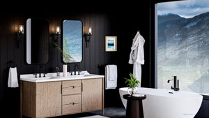 A luxury bathroom with black walls and a UHP4377 Contemporary Wall Sconce from Urban Ambiance.
