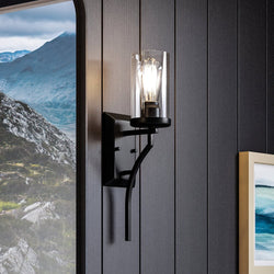 A unique Urban Ambiance UHP4377 Contemporary Wall Sconce with a view of mountains.