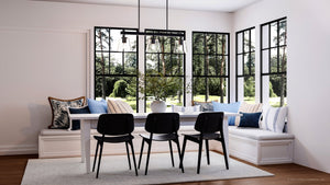 A gorgeous dining room with a UHP4382 Traditional Chandelier 11.875''H x 40''W, Midnight Black Finish, Atlanta Collection by Urban Ambiance in front of a window