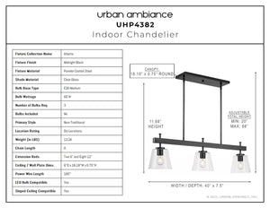 A diagram showing the dimensions of a unique lighting fixture - Urban Ambiance UHP4382 Traditional Chandelier 11.875''H x 40''W, Midnight Black Finish, Atlanta Collection.