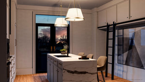 A 3d rendering of a beautiful kitchen featuring the UHP4387 Traditional Chandelier lighting fixture.