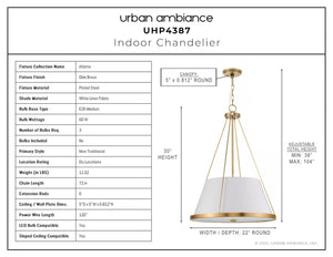 A unique lighting fixture diagram for the Urban Ambiance UHP4387 Traditional Chandelier 30''H x 22''W, Olde Brass Finish, Atlanta Collection.