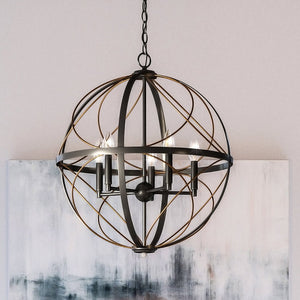 A unique Urban Ambiance chandelier, UHP4404 Farmhouse, hangs on the wall with an Olde Bronze finish from the Omaha Collection.