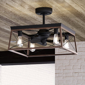 A beautiful Urban Ambiance UHP9240 Farmhouse Ceiling Fan 17''H x 22''W, Olde Bronze Finish, Berkeley Collection with three lights and a wooden ceiling lighting