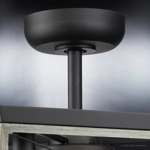 A beautiful Urban Ambiance UHP9241 Farmhouse Ceiling Fan 17''H x 22''W with a Charcoal Finish and Berkeley Collection wooden base.