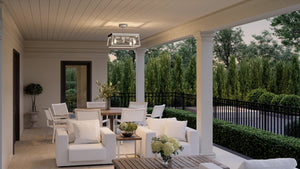 An outdoor patio with Urban Ambiance's UHP9242 Farmhouse Ceiling Fan 17''H x 22''W, Galvanized Steel Finish and Berkeley Collection furniture.