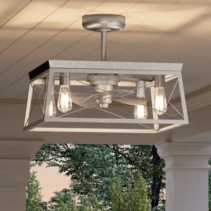 An UHP9242 Farmhouse Ceiling Fan 17''H x 22''W, Galvanized Steel Finish, Berkeley Collection by Urban Ambiance with three unique lights hanging over a porch.