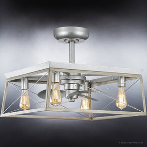 A beautiful Urban Ambiance UHP9242 Farmhouse Ceiling Fan 17''H x 22''W, Galvanized Steel Finish, Berkeley Collection with a metal frame and three light bulbs.