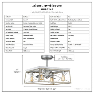 Beautiful Urban Ambiance UHP9242 Farmhouse Ceiling Fan 17''H x 22''W, Galvanized Steel Finish, Berkeley Collection.