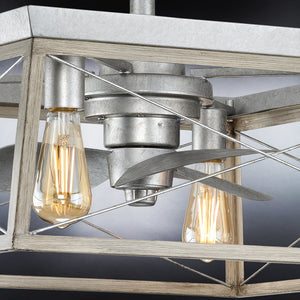 An UHP9242 Farmhouse Ceiling Fan with a gorgeous metal frame and two light bulbs.