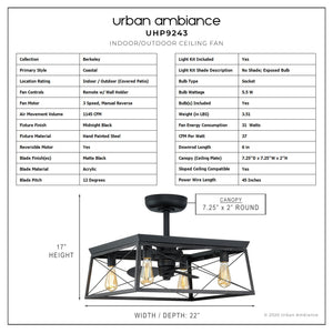 Urban Ambiance UHP9243 Farmhouse Ceiling Fan 17''H x 22''W, Midnight Black Finish, Berkeley Collection - Urban Ambiance UHP9243 Farmhouse Ceiling