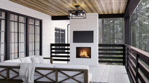 A unique living room with a Urban Ambiance UHP9243 Farmhouse Ceiling Fan 17''H x 22''W, Midnight Black Finish, Berkeley Collection on the porch.