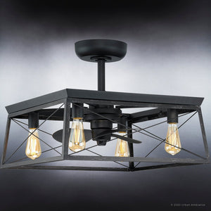 A unique UHP9243 Farmhouse Ceiling Fan 17''H x 22''W, Midnight Black Finish, Berkeley Collection by Urban Ambiance with three light bulbs.