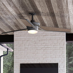 An Urban Ambiance UHP9250 Modern Ceiling Fan, luxury lighting fixture, in a living room with a fireplace.