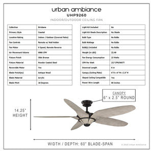 Gorgeous Urban Ambiance UHP9260 Urban Loft Ceiling Fan 14.25''H x 60''W, Olde Bronze Finish, Brisbane Collection.