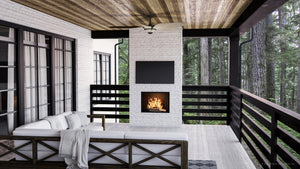 A unique and beautiful Urban Ambiance porch with an UHP9260 Urban Loft Ceiling Fan 14.25''H x 60''W, Olde Bronze Finish, Brisbane Collection fireplace