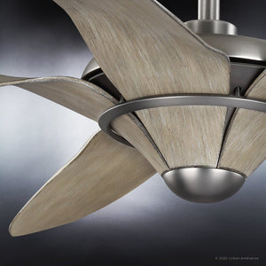 A beautiful Urban Loft Ceiling Fan with wooden blades on a dark background, featuring an aged nickel finish from the Brisbane Collection.