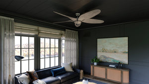 A beautiful black living room with an Urban Ambiance UHP9261 Urban Loft Ceiling Fan 14.25''H x 60''W, Aged Nickel Finish, Brisbane Collection.