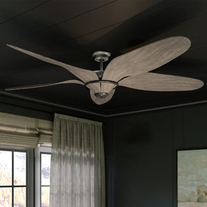 A gorgeous Urban Loft Ceiling Fan with a lighting fixture from the Brisbane Collection by Urban Ambiance in a room with black curtains.