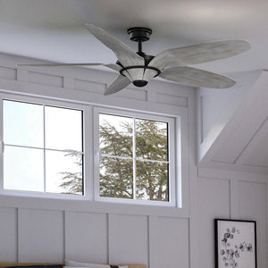 A beautiful bedroom with an Urban Ambiance UHP9262 Urban Loft Ceiling Fan 14.25''H x 60''W, Midnight Black Finish, Brisbane Collection and luxury lighting fixture