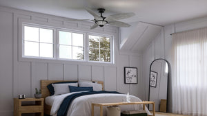 A beautiful bedroom with wood floors and a unique UHP9262 Urban Loft Ceiling Fan 14.25''H x 60''W, Midnight Black Finish, Brisbane Collection by Urban Ambiance.